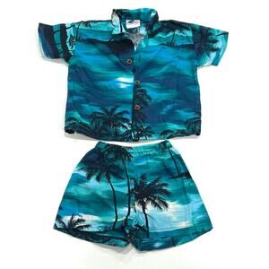 Nui nalu Hawaii USA 2 piece hawaiin button down & shorts set teal blue black